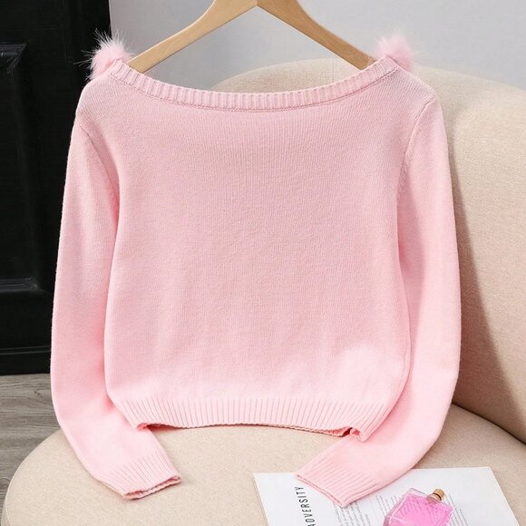 Pink Casual Women's Elegant Patchwork Fur Collar Sweater Cloth - Picture 2 of 7